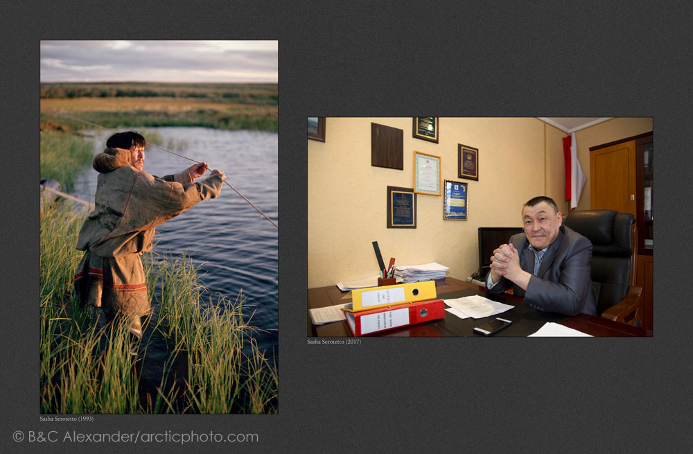(left) Sasha Serotetto, a Nenets reindeer herder, photographed in 1993 as he checked his fishing net. (Right) Sasha, photographed in 2017, at his desk as the director of the Yarsalinsky State Farm in Yar-Sale. (Bot) Yamal, Northwest Siberia, Russia