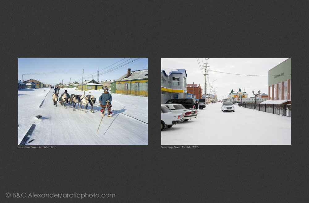 (Left) Sovietskaya Street in the Nenets village of Yar-Sale in 1993. (Right) Sovietskaya Street photographed from the same position in 2017. (Bot) Yamal, Northwest Siberia, Russia