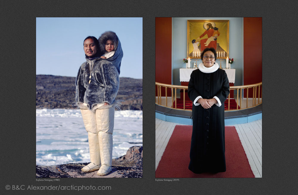 (Left) Eqilana Simigaq, a young Inuit woman,wearing traditional clothing of the Thule region, carrying her young son, Peter, photographed in 1980. (Right) Eqilana photographed in 2019 inside the Lutheran church in Qaanaaq where she is the Priest. (Bot) Northwest Greenland.