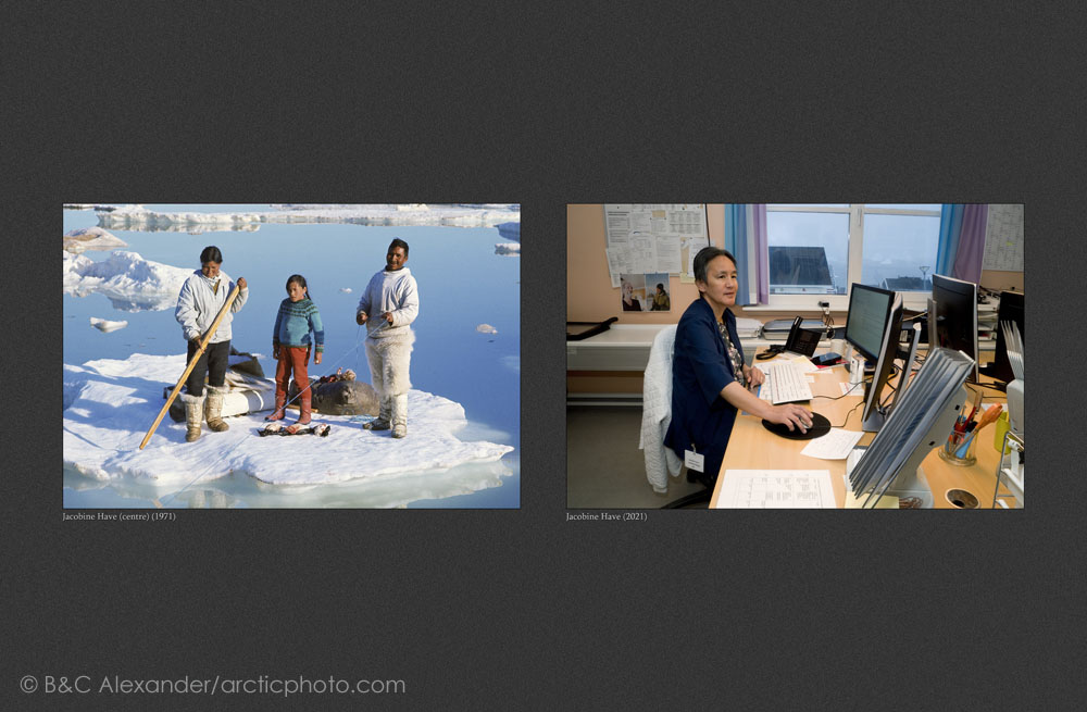 (Left) Jacobine Have with her parents on an ice floe near Qaanaaq.(1971) (Right) Jacobine Have, at work in the office of the hospital administration in Qaanaaq. (2021) (Bot) Northwest Greenland.