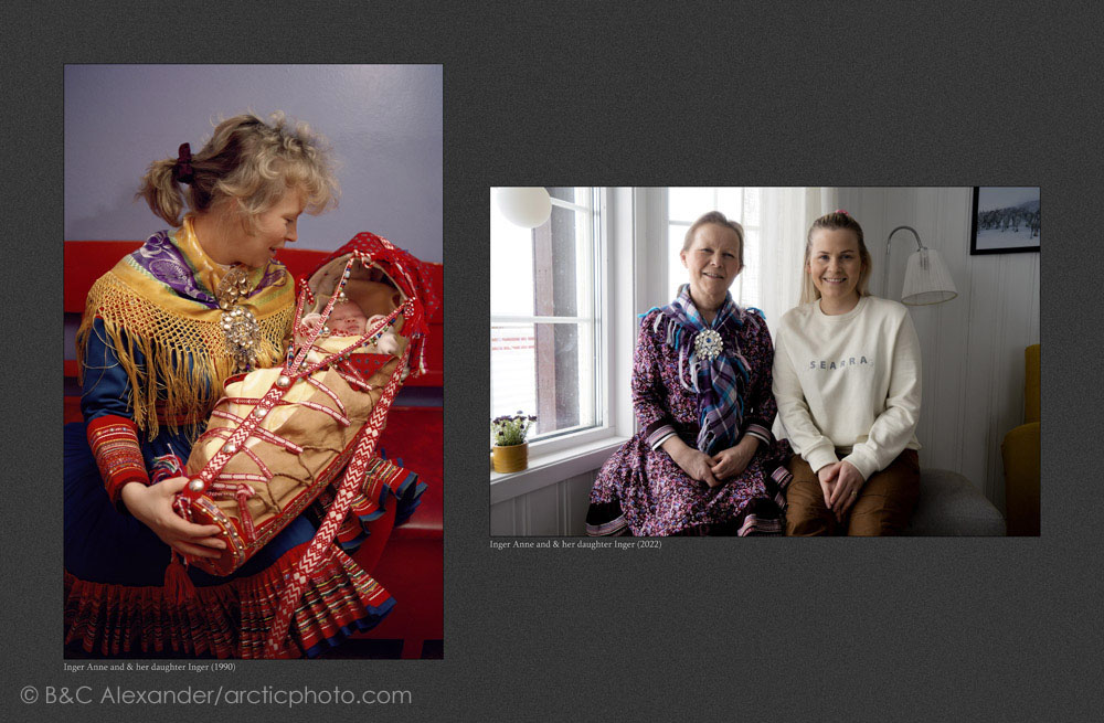 (Left) Inger Anne Triumf with her baby daughter, Inger, in a traditional Sami cradle at her Christening (1990) (Right) Inger Anne Triumf with her daughter, Inger, at their home in Kautokeino (2022) (Bot) 