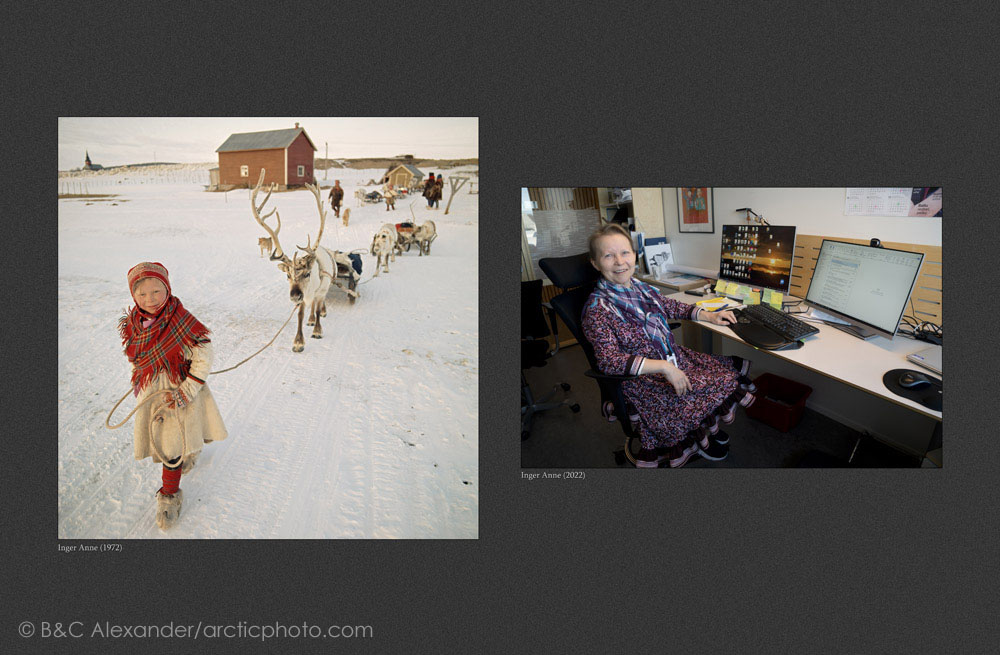 (Left) Inger Anne, leading a draught reindeer at the start of her family's Spring migration near Kautokeino (1972) (Right) Inger Anne in her office where she works at the Sami University of Applied Sciences in Kautokeino (2022) (Bot) 